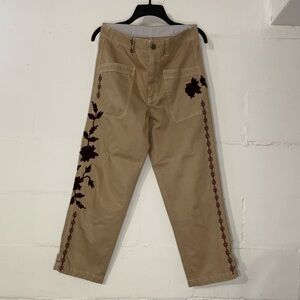 Tan Chino Pants with Dark Floral Embroidery